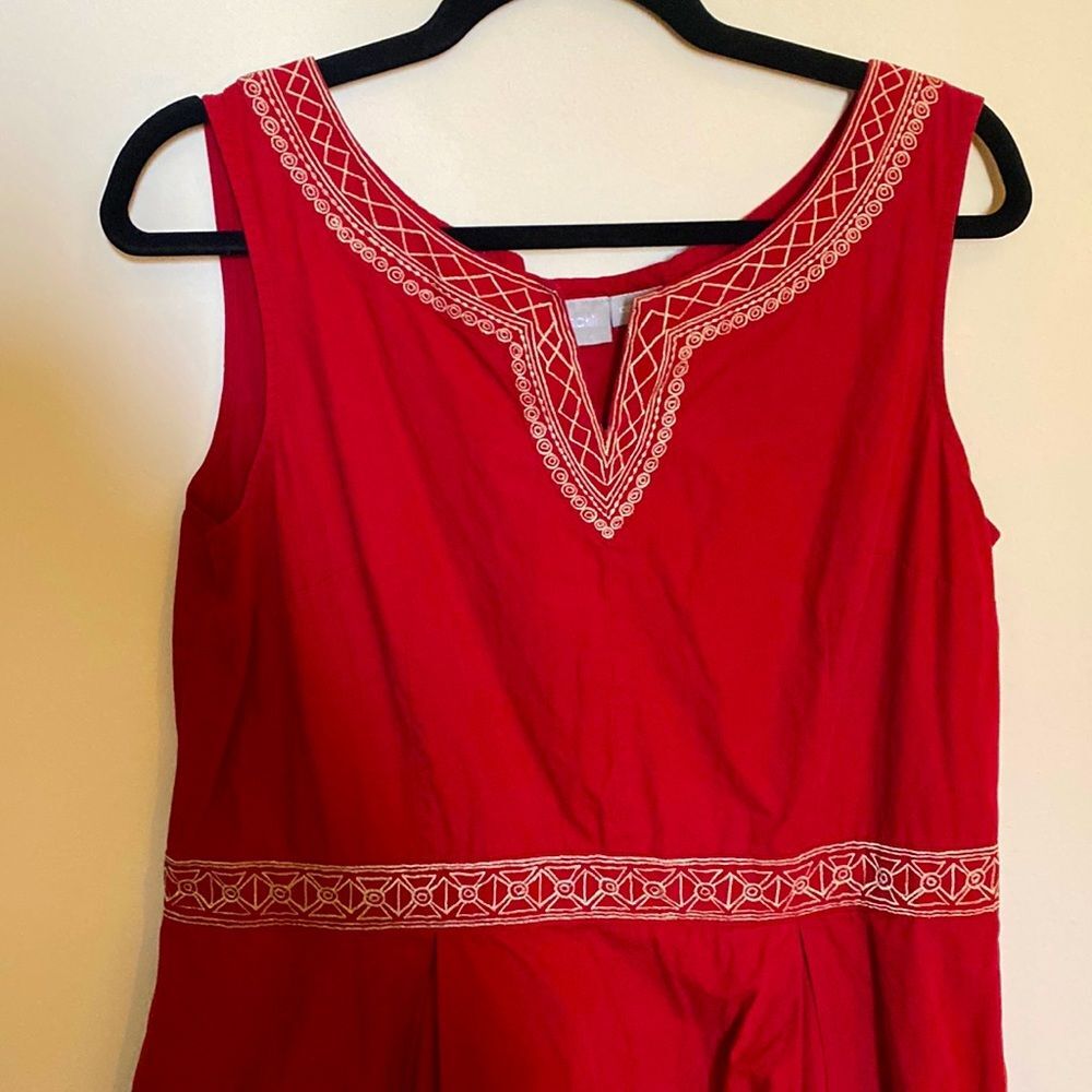 eShakti Red Sleeveless Gold Embroidery Midi Dress Pockets Size 14 EUC